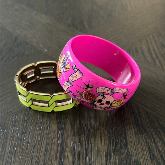 Avalaya Jewelry - Ed Hardy Cuff and Neon Yellow Enamal Link Hinged Bracelet Set